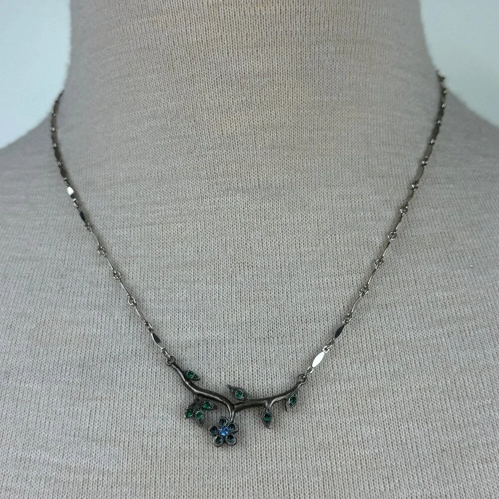 Silver Tone Rhinestone Flower Chain Link Necklace 17.5-19.5